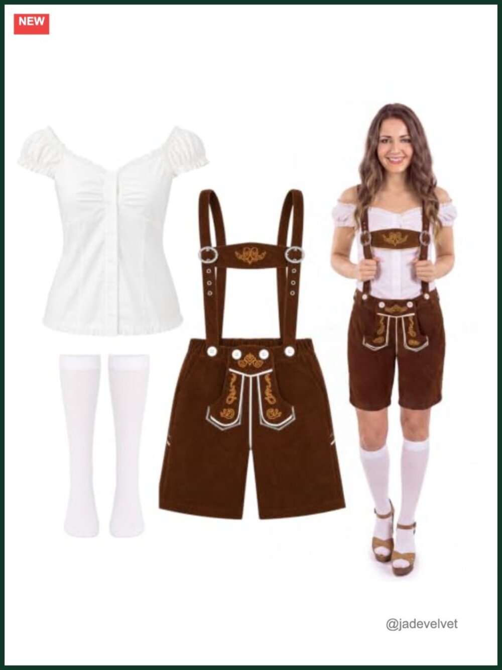 Women's Oktoberfest Lederhosen Costume 3-Piece Set with Top, Dirndl Shorts &